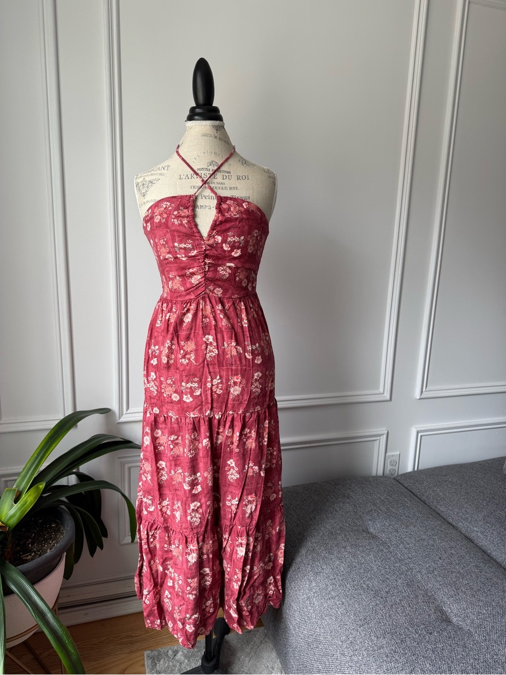 Red floral linen blend halter maxi dress